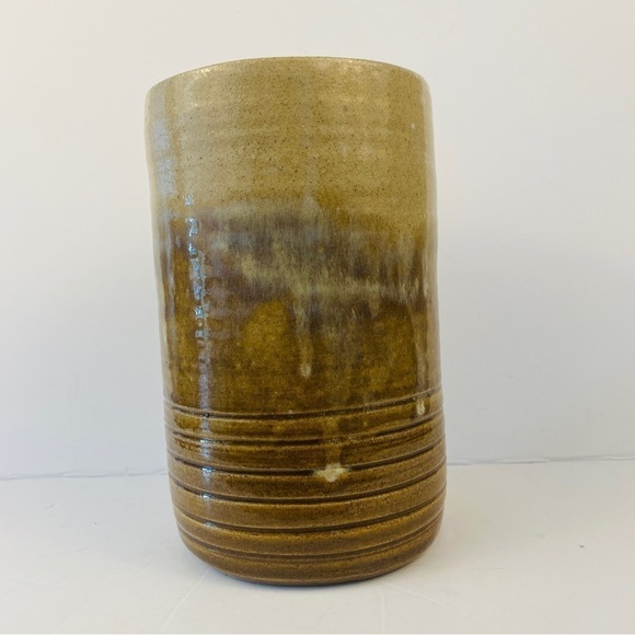 POTTERY vase yellow cream ochre large tall ribbed drip glazed - Picture 4 of 12